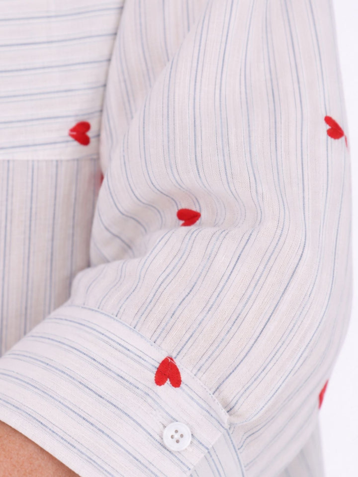 Bluse Damen Streifen Herzchen Stickerei Brusttaschen