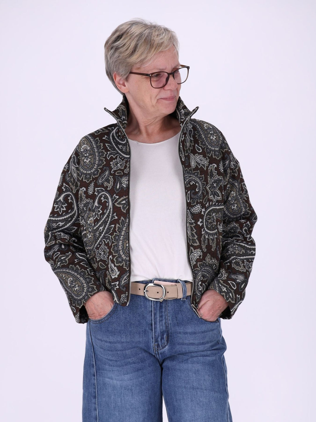 Damen Blousonjacke kurz Gobelin Paisley – Braun