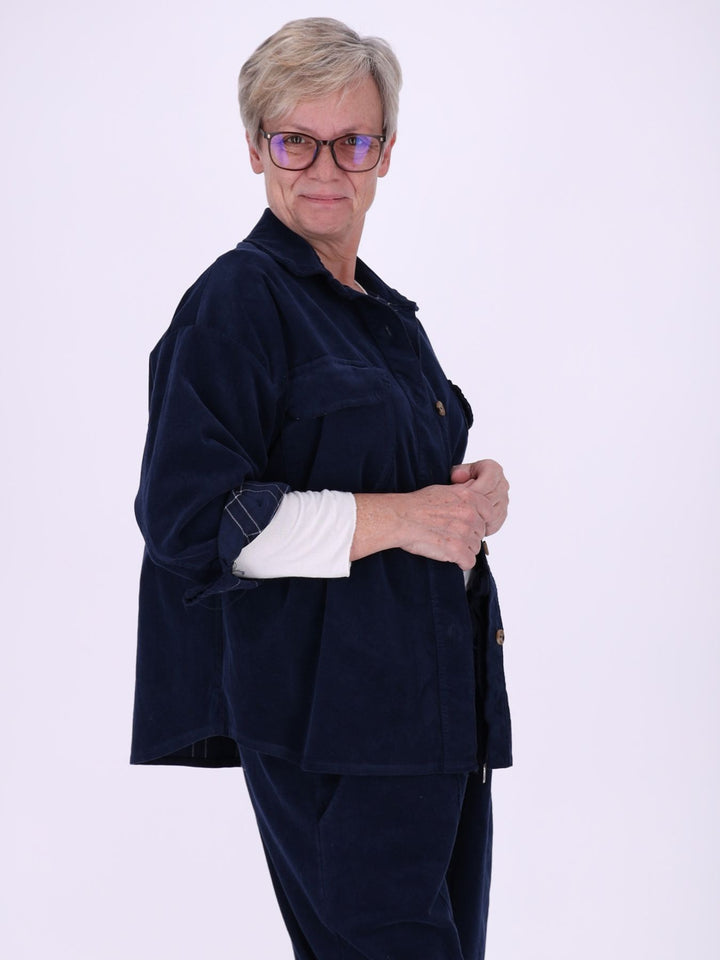 Damen Cord-Overshirt Navy – mit kariertem Innenfutter