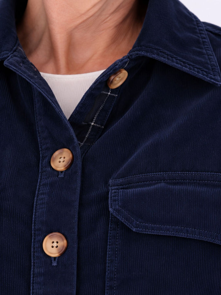 Damen Cord-Overshirt Navy – mit kariertem Innenfutter