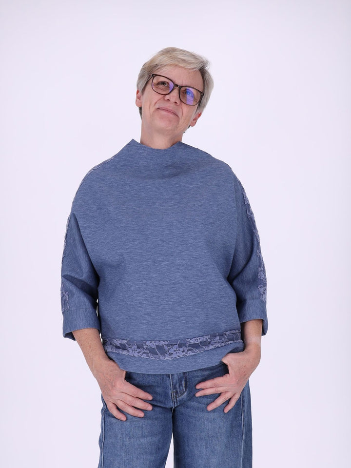 Sweatshirt Damen Spitze an Bund und Ärmel