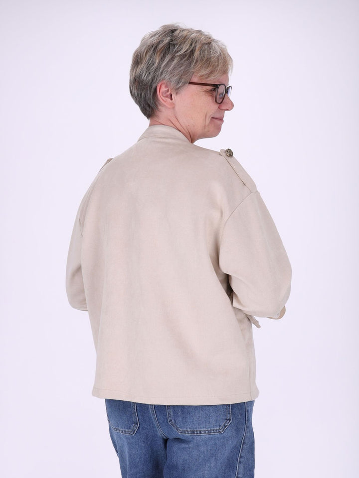 Beige Military Jacke Damen in Veloursoptik – offen & detailreich