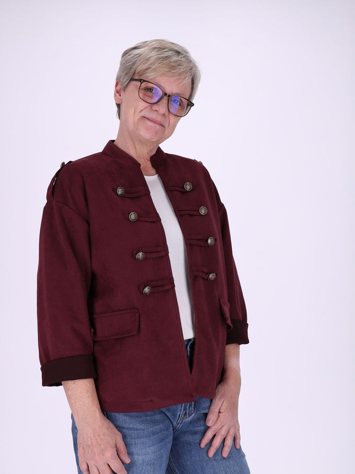 Bordeaux Military Jacke Damen in Veloursoptik – offen & detailreich