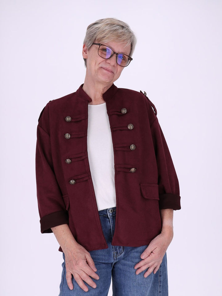 Bordeaux Military Jacke Damen in Veloursoptik – offen & detailreich