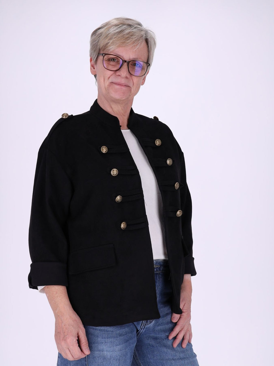 Schwarze Military Jacke Damen in Veloursoptik – offen & detailreich