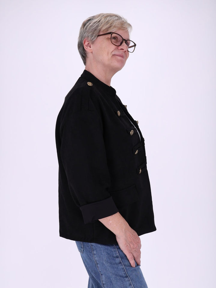 Schwarze Military Jacke Damen in Veloursoptik – offen & detailreich