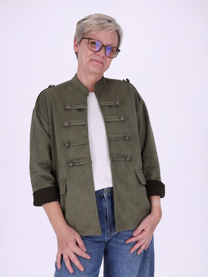 Khaki Military Jacke Damen in Veloursoptik – offen & detailreich