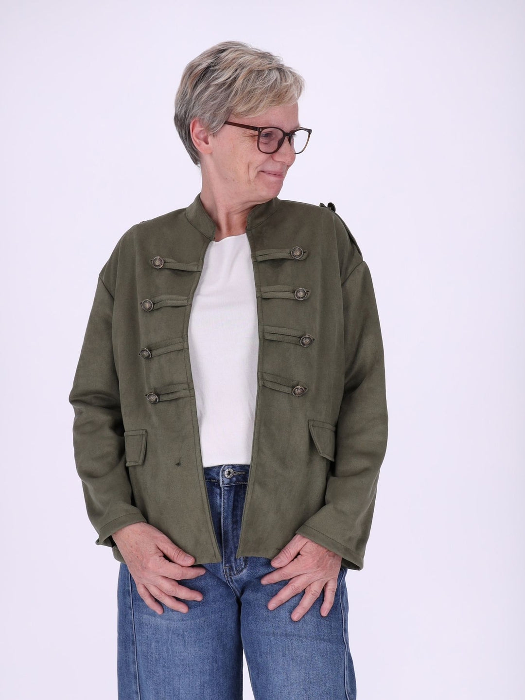 Khaki Military Jacke Damen in Veloursoptik – offen & detailreich
