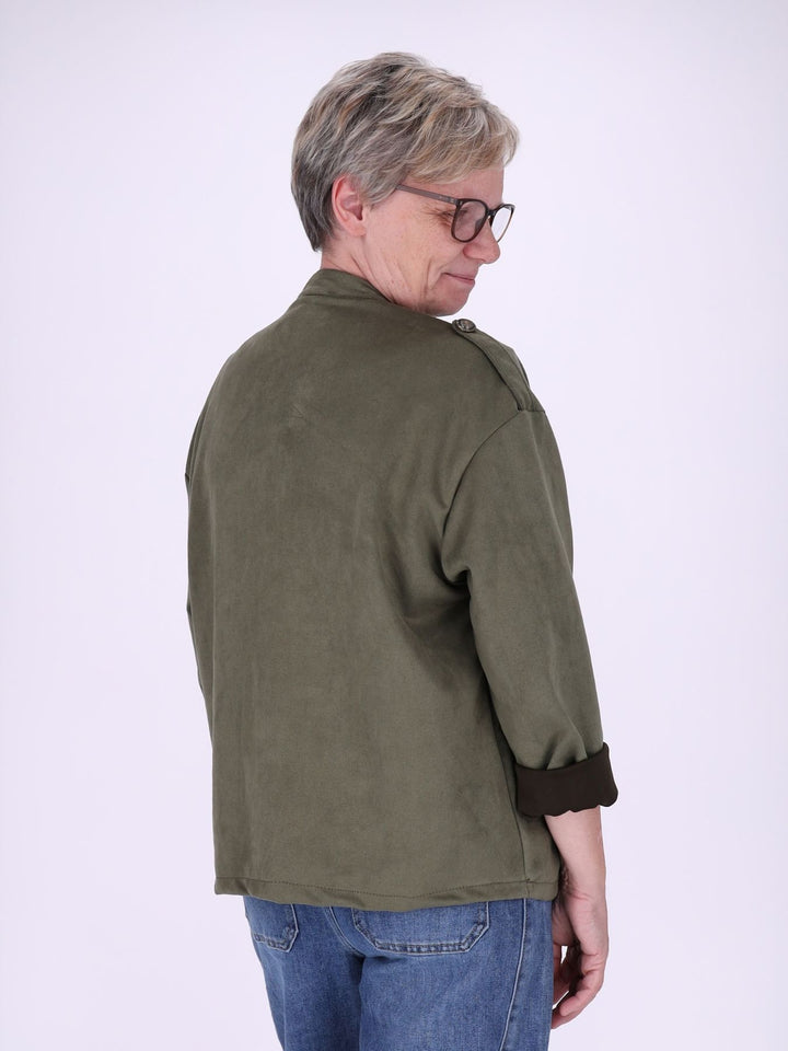 Khaki Military Jacke Damen in Veloursoptik – offen & detailreich