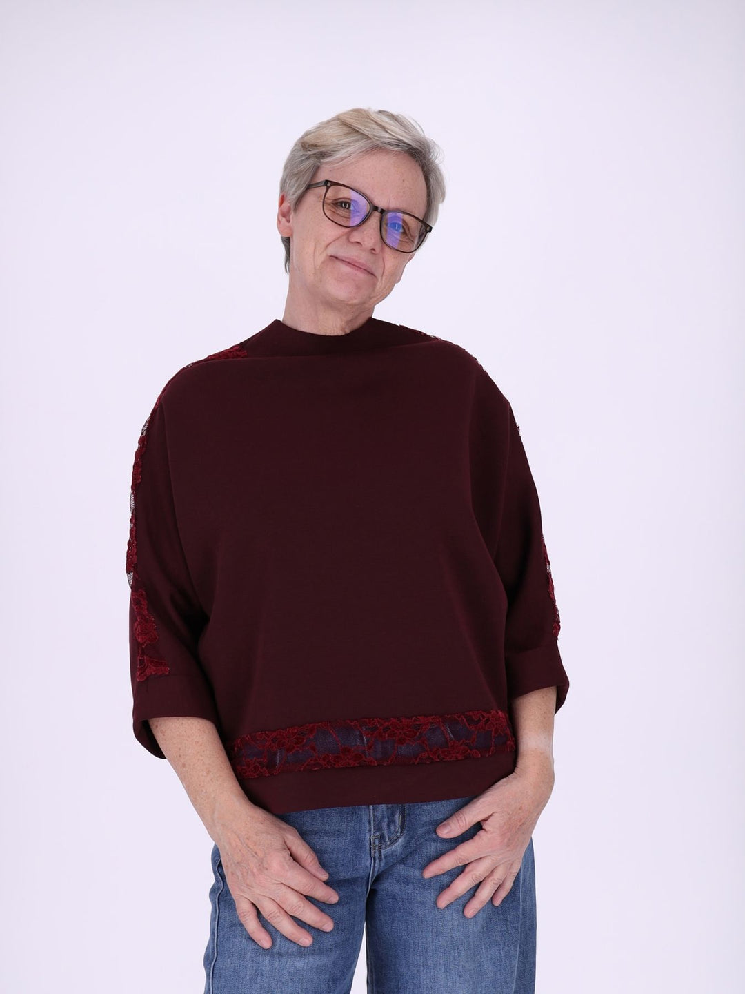 Sweatshirt Damen Spitze an Bund und Ärmel
