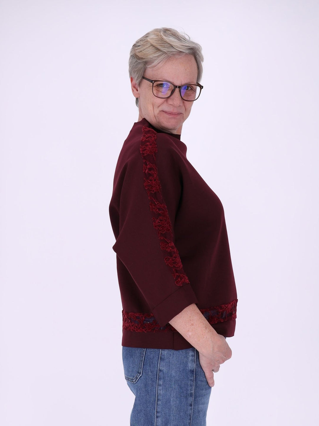 Sweatshirt Damen Spitze an Bund und Ärmel