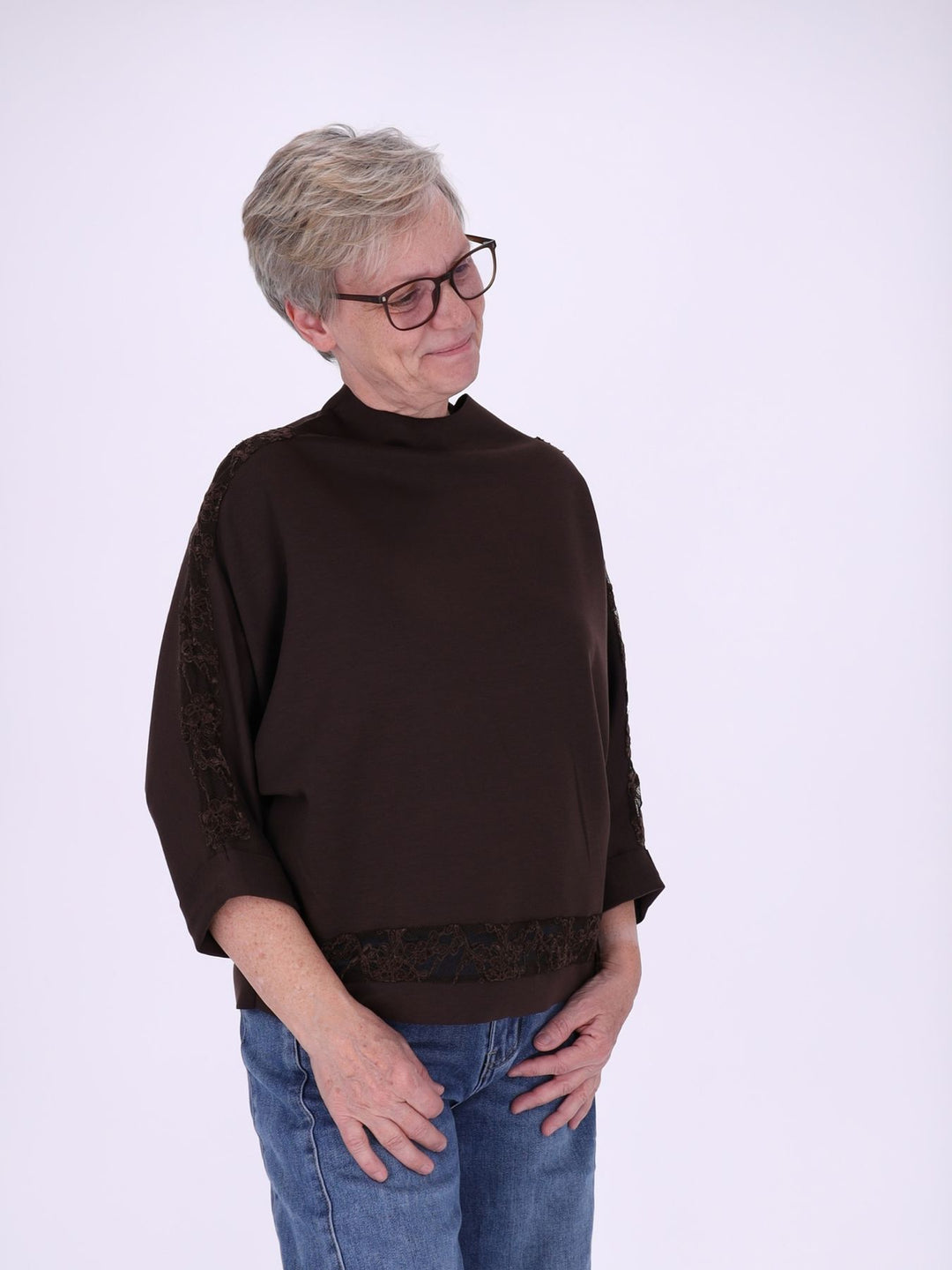 Sweatshirt Damen Spitze an Bund und Ärmel