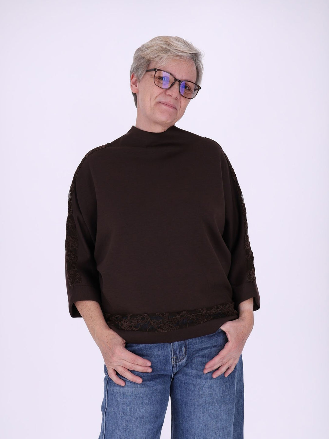 Sweatshirt Damen Spitze an Bund und Ärmel