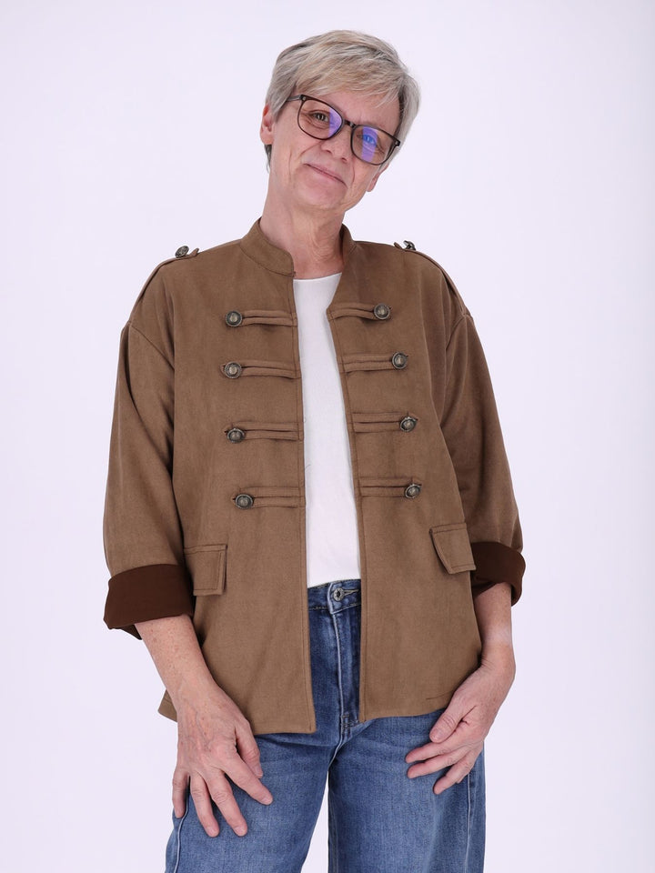 Caramel Military Jacke Damen in Veloursoptik – offen & detailreich