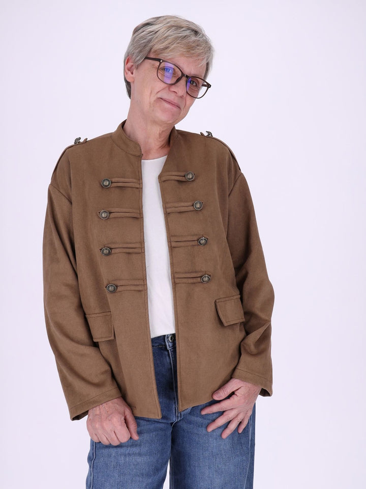 Caramel Military Jacke Damen in Veloursoptik – offen & detailreich