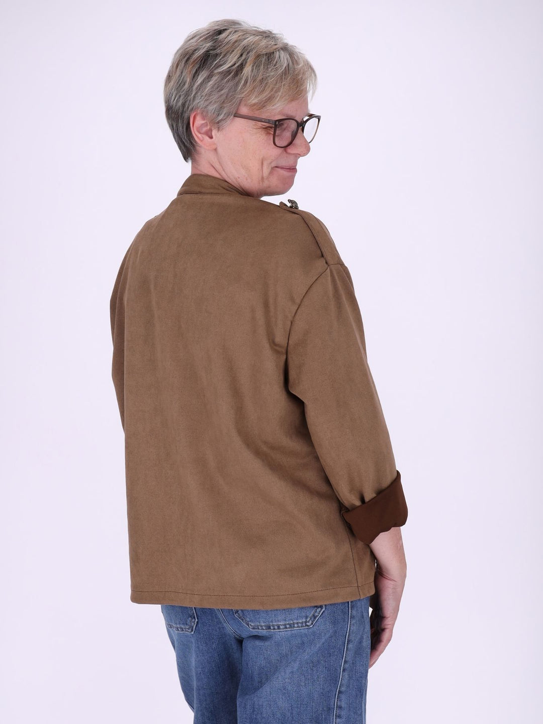 Caramel Military Jacke Damen in Veloursoptik – offen & detailreich