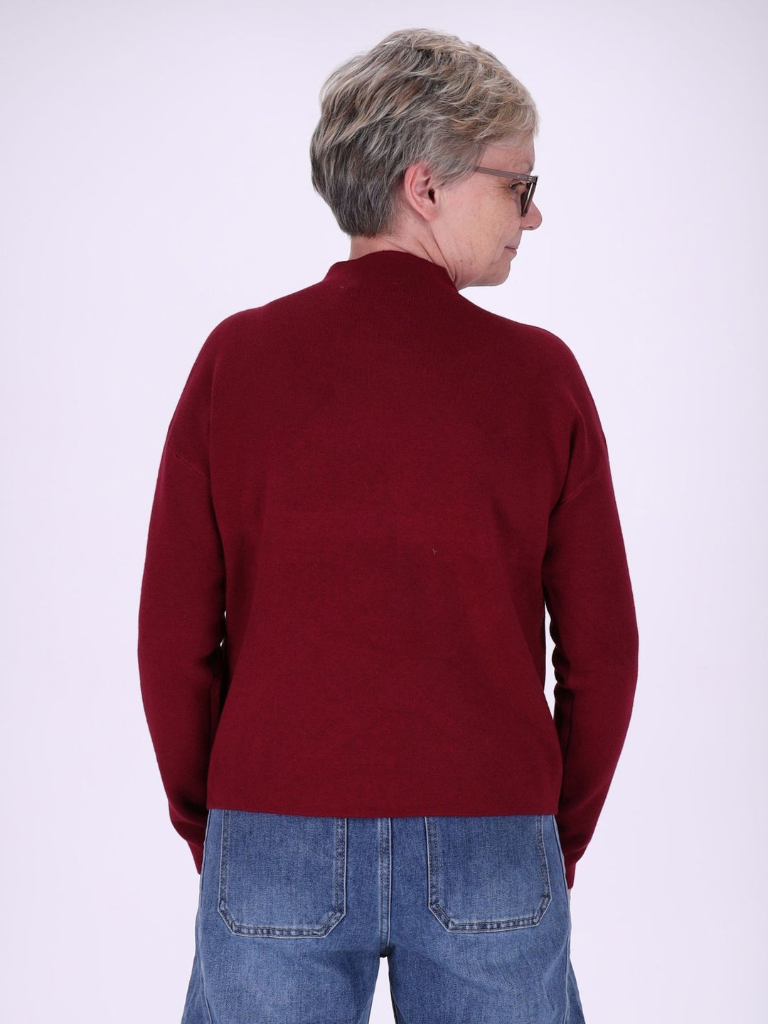 Bordeaux Strickpullover Damen mit Stehkragen & Blüten – feminine 3D-Details