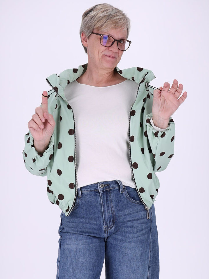 Leichte Damenjacke in Grün mit braunen Polka Dots