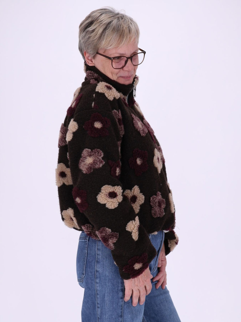 Damen Teddy-Fleecejacke kurz mit Blütenmuster – kuschelig, modern & floral