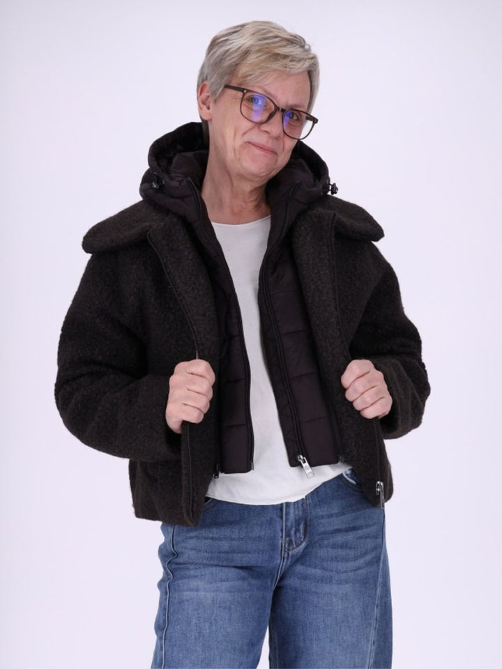 Schwarze Damen Bouclé-Jacke mit abtrennbarer Steppjacke – kuschelig, modern & vielseitig