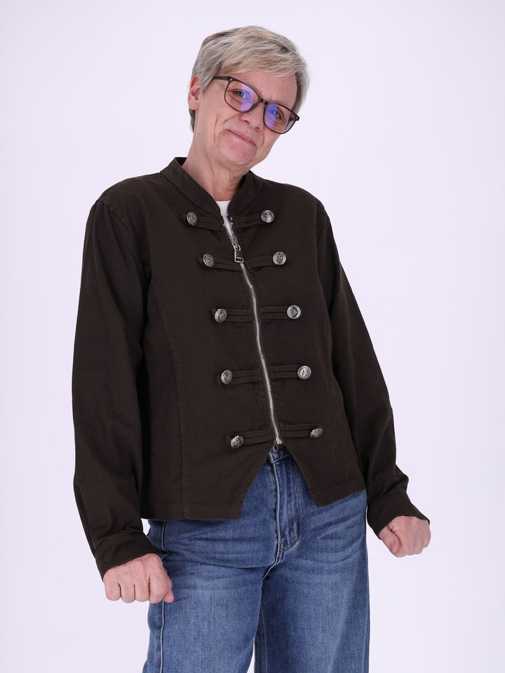 Braune Damen Military Jacket aus Denim mit Reißverschluss – feminin & modern