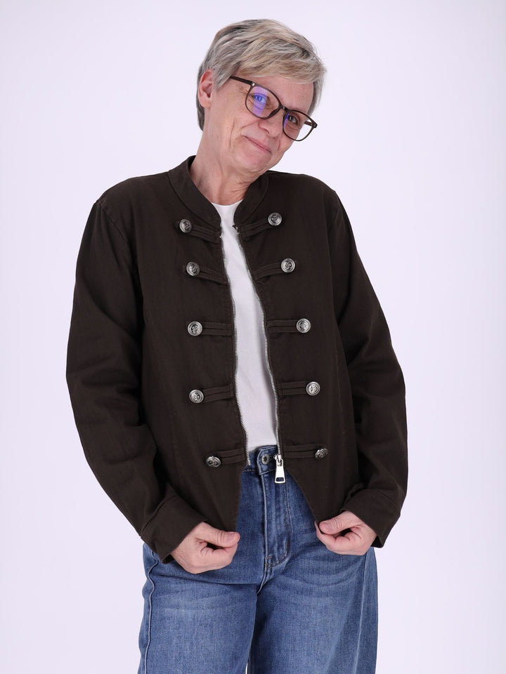 Braune Damen Military Jacket aus Denim mit Reißverschluss – feminin & modern