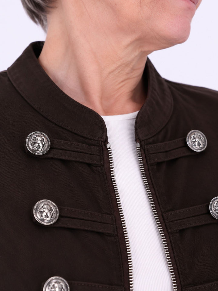 Braune Damen Military Jacket aus Denim mit Reißverschluss – feminin & modern