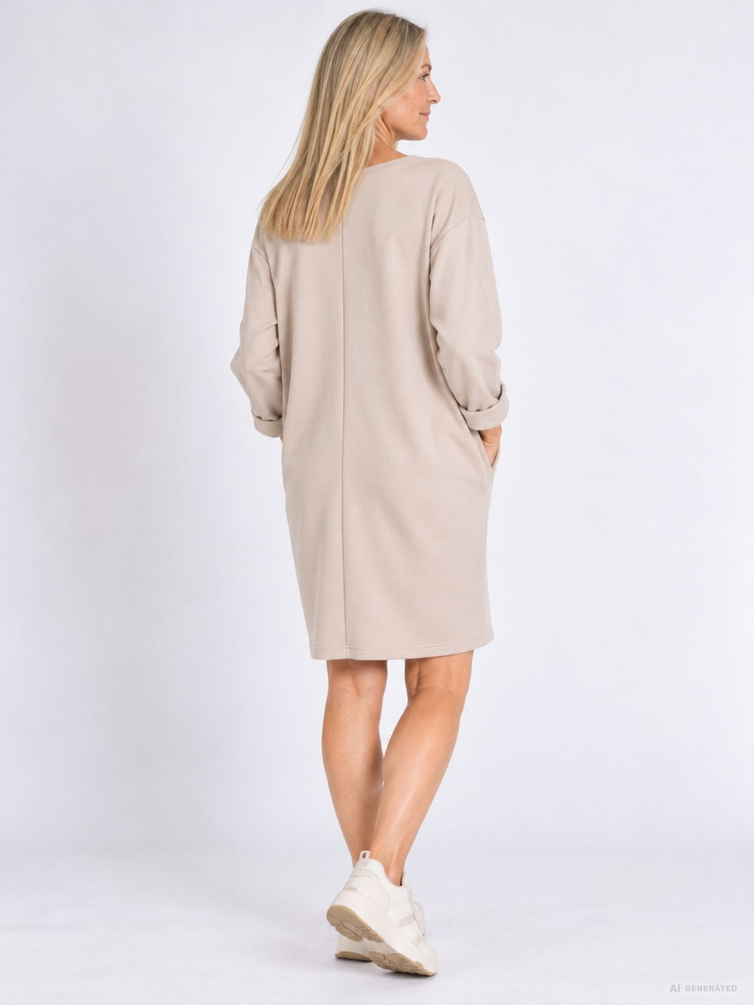 Beiges Damen Kleid mit Seitentaschen – lässig, bequem & modern
