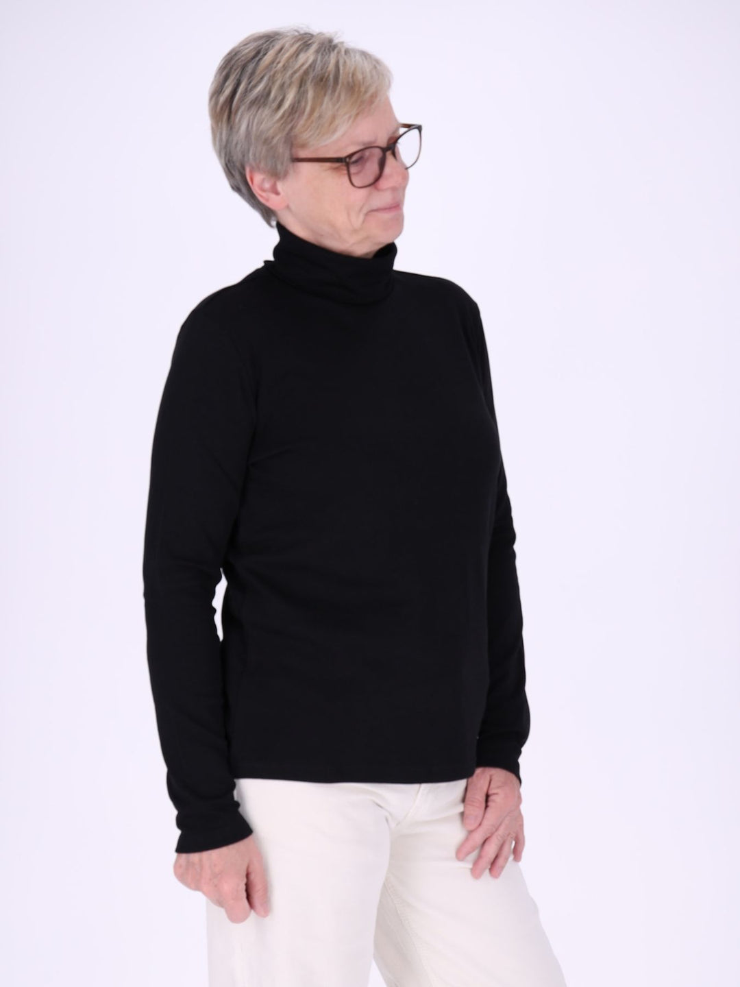 Rollkragenpullover Damen Langarm aus 100 % Baumwolle – Schwarz