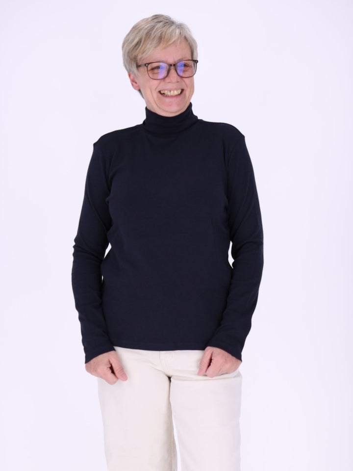 Rollkragenpullover Damen Langarm aus 100 % Baumwolle – Dunkelblau