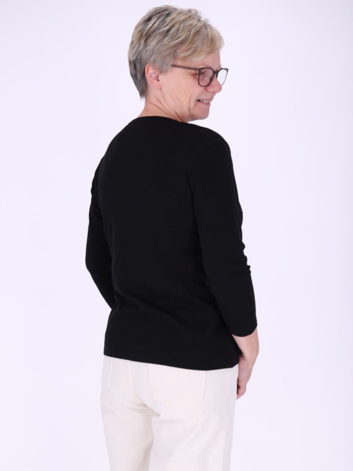 V-Ausschnitt Shirt Damen mit 3/4-Arm aus 100 % Baumwolle – Schwarz