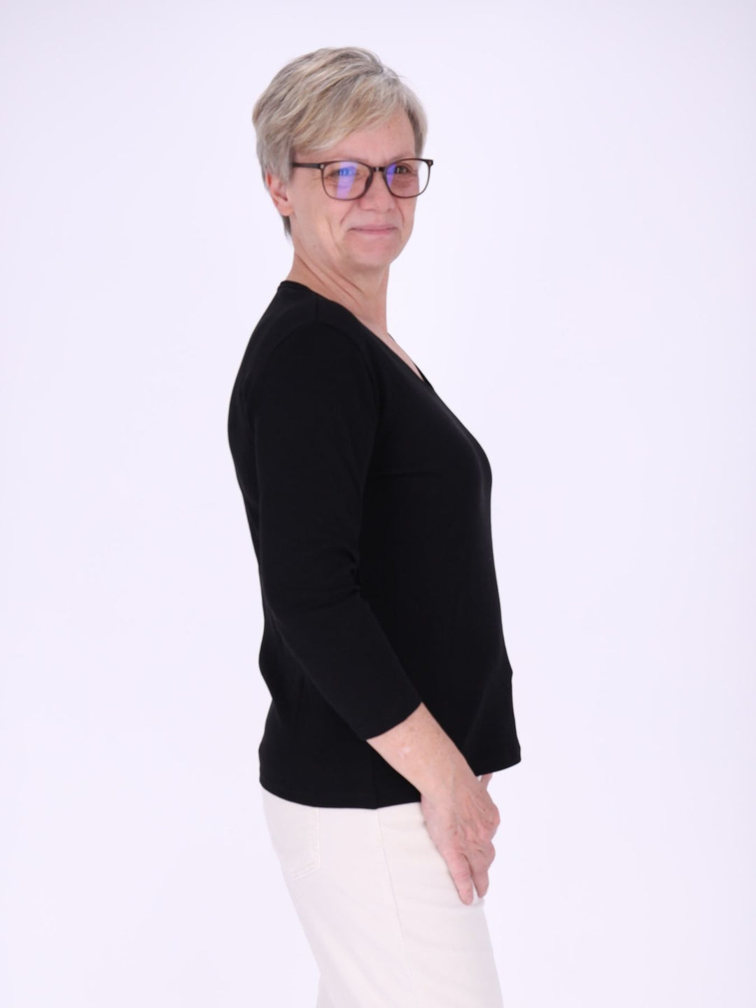 V-Ausschnitt Shirt Damen mit 3/4-Arm aus 100 % Baumwolle – Schwarz