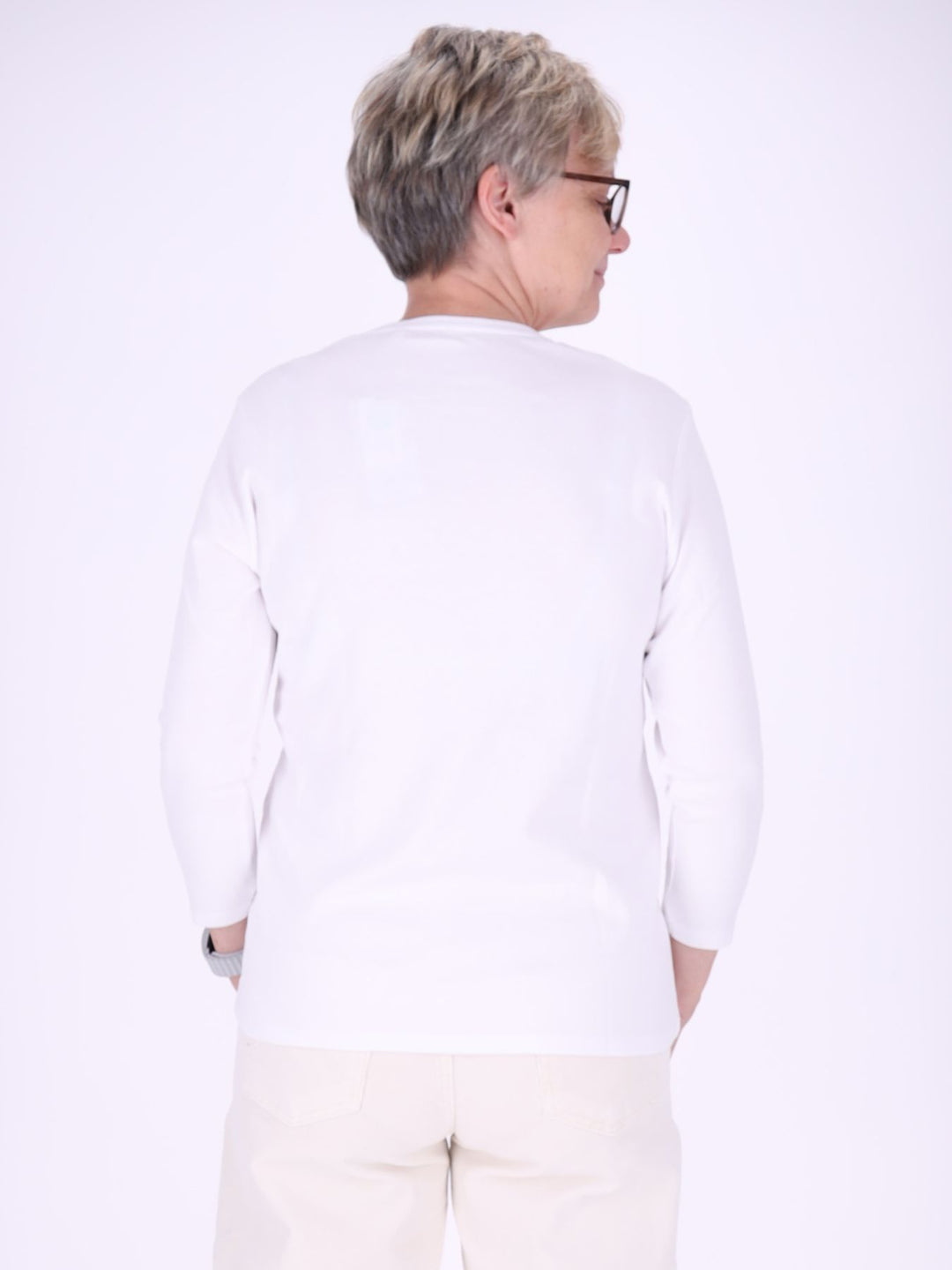 V-Ausschnitt Shirt Damen mit 3/4-Arm aus 100 % Baumwolle – Weiß