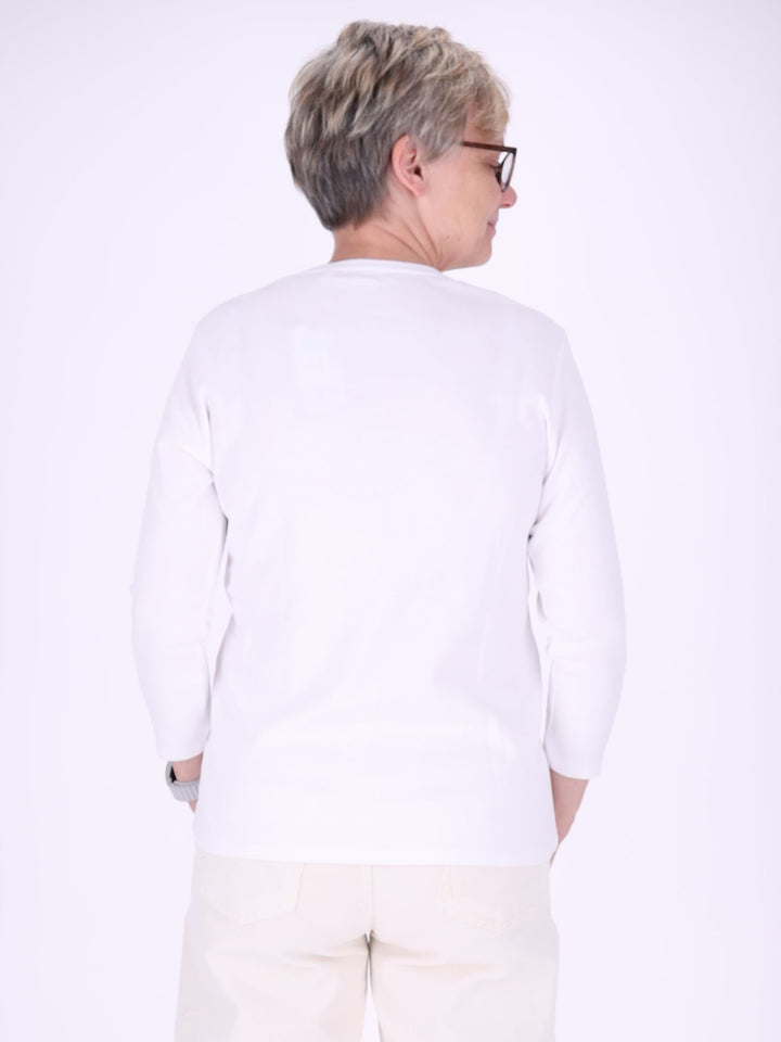 V-Ausschnitt Shirt Damen mit 3/4-Arm aus 100 % Baumwolle – Weiß