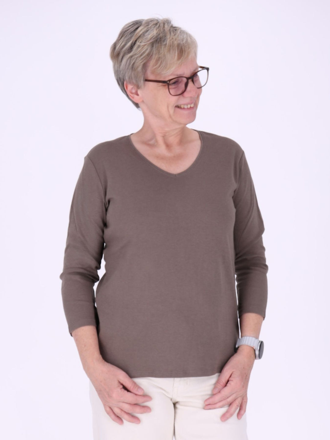 V-Ausschnitt Shirt Damen mit 3/4-Arm aus 100 % Baumwolle – Walnuss