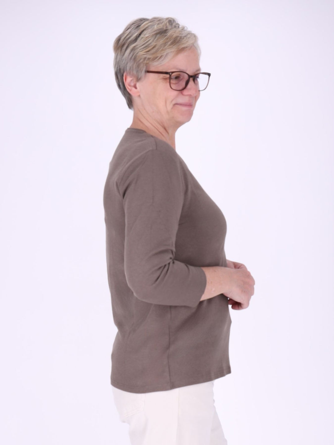 V-Ausschnitt Shirt Damen mit 3/4-Arm aus 100 % Baumwolle – Walnuss