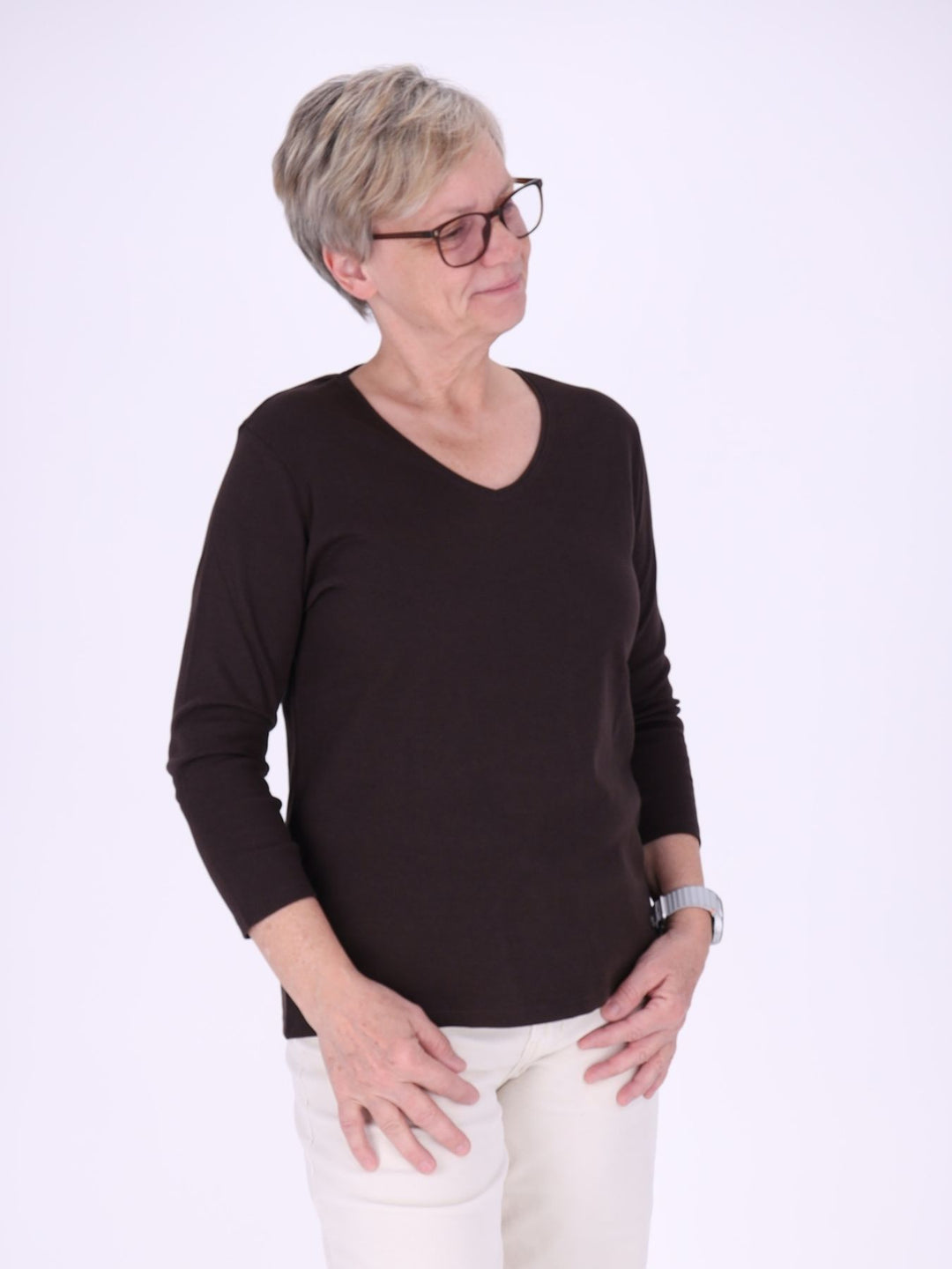 V-Ausschnitt Shirt Damen mit 3/4-Arm aus 100 % Baumwolle – Braun