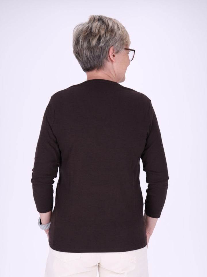 V-Ausschnitt Shirt Damen mit 3/4-Arm aus 100 % Baumwolle – Braun