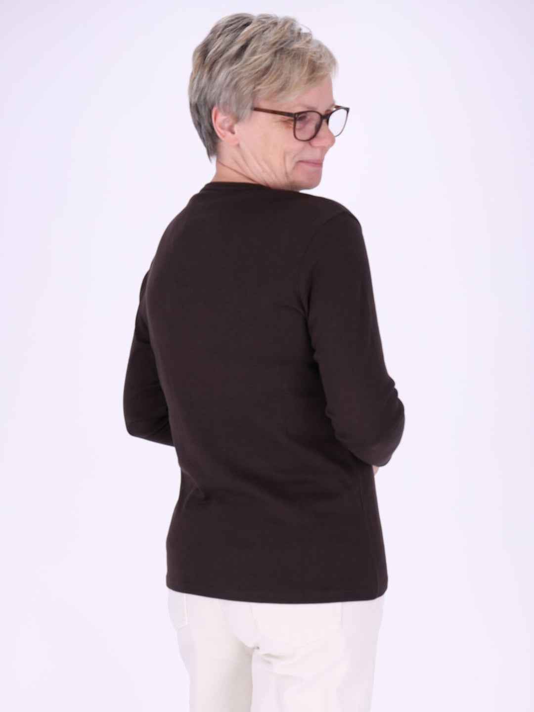 V-Ausschnitt Shirt Damen mit 3/4-Arm aus 100 % Baumwolle – Braun