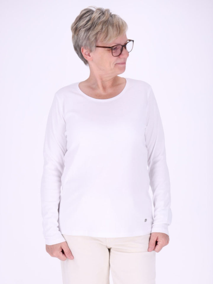 Rundhalsshirt Damen Langarm aus 100 % Baumwolle – Weiß