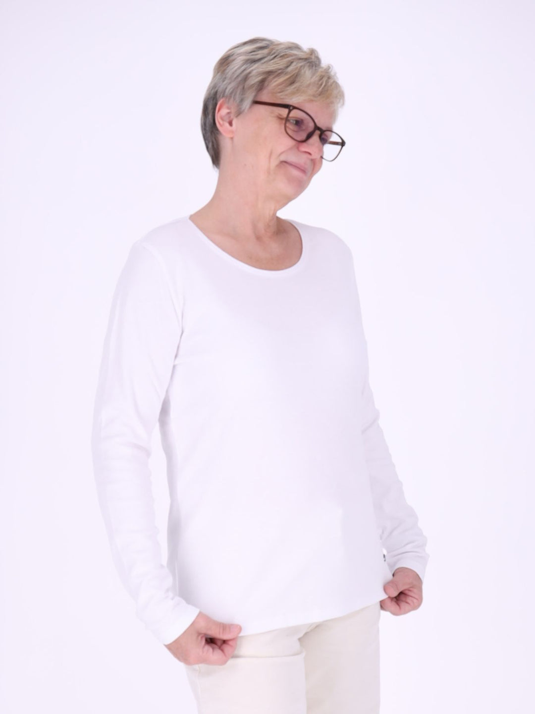 Rundhalsshirt Damen Langarm aus 100 % Baumwolle – Weiß