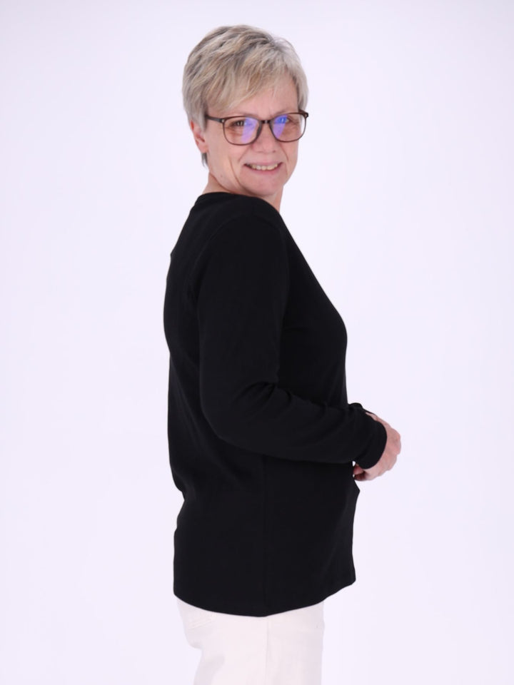 Rundhalsshirt Damen Langarm aus 100 % Baumwolle – Schwarz