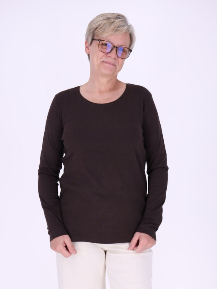 Rundhalsshirt Damen Langarm aus 100 % Baumwolle – Chocolate Torte Braun