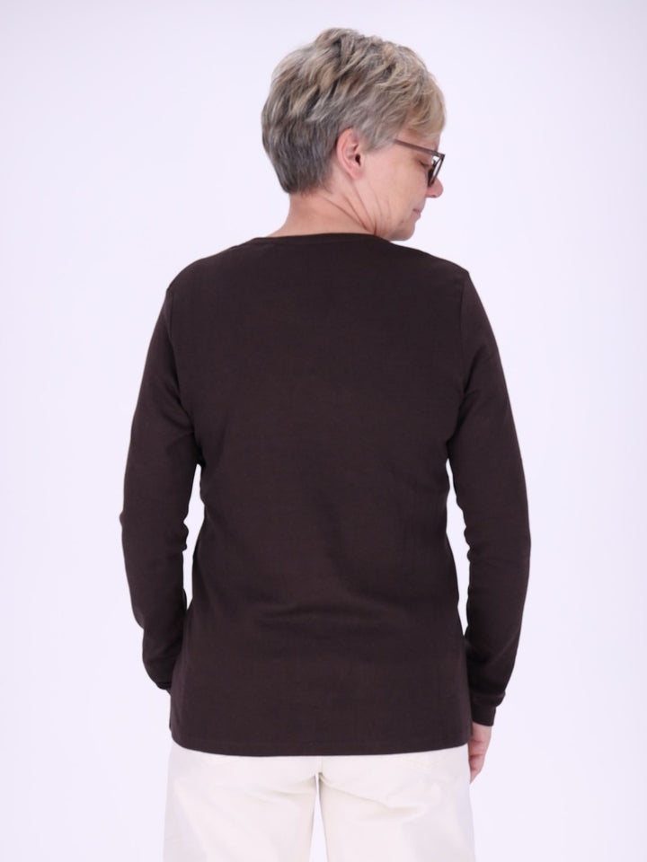 Rundhalsshirt Damen Langarm aus 100 % Baumwolle – Chocolate Torte Braun