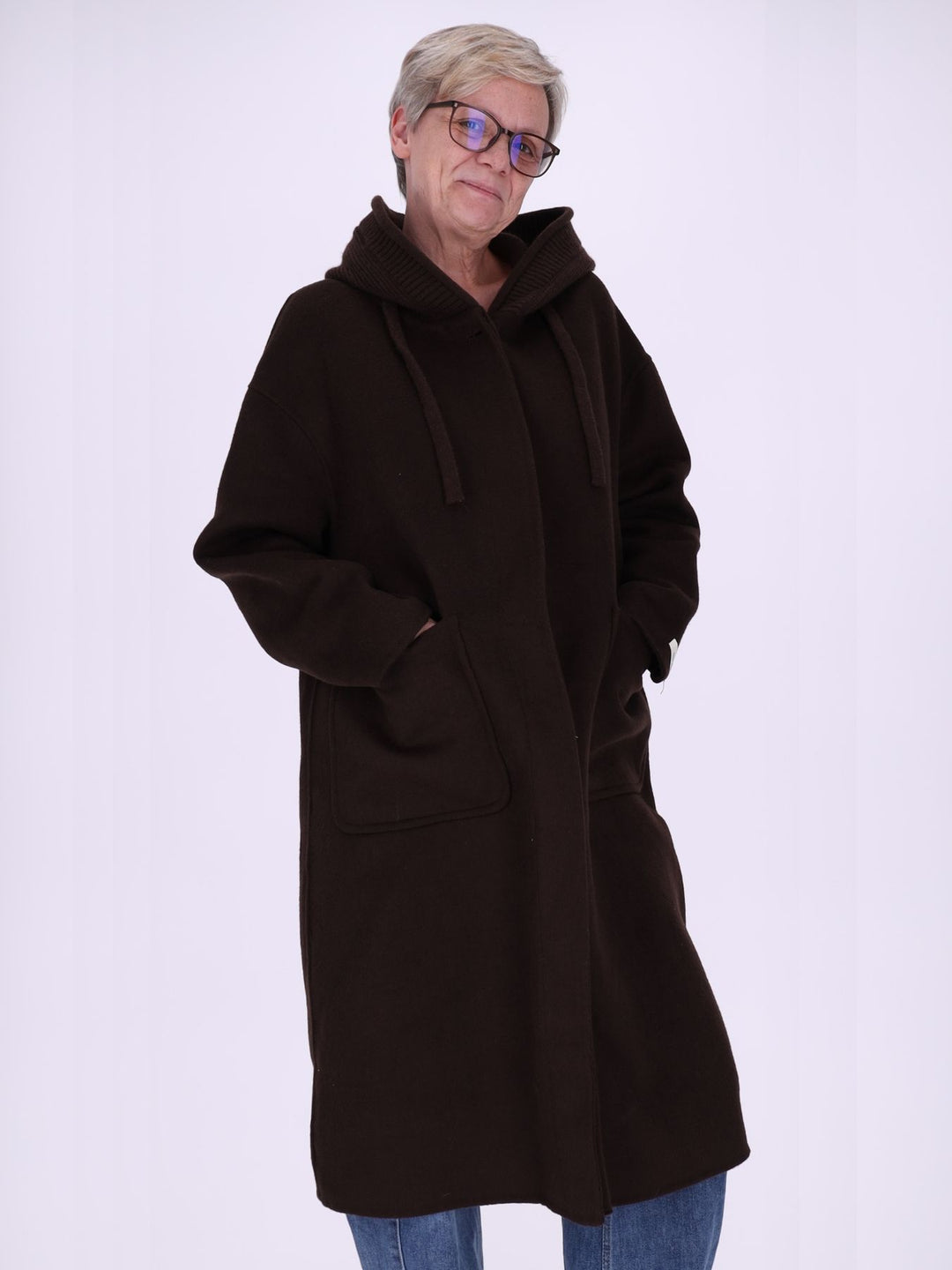 Wollmantel Damen Oversized mit Strickkapuze – Dunkelbraun