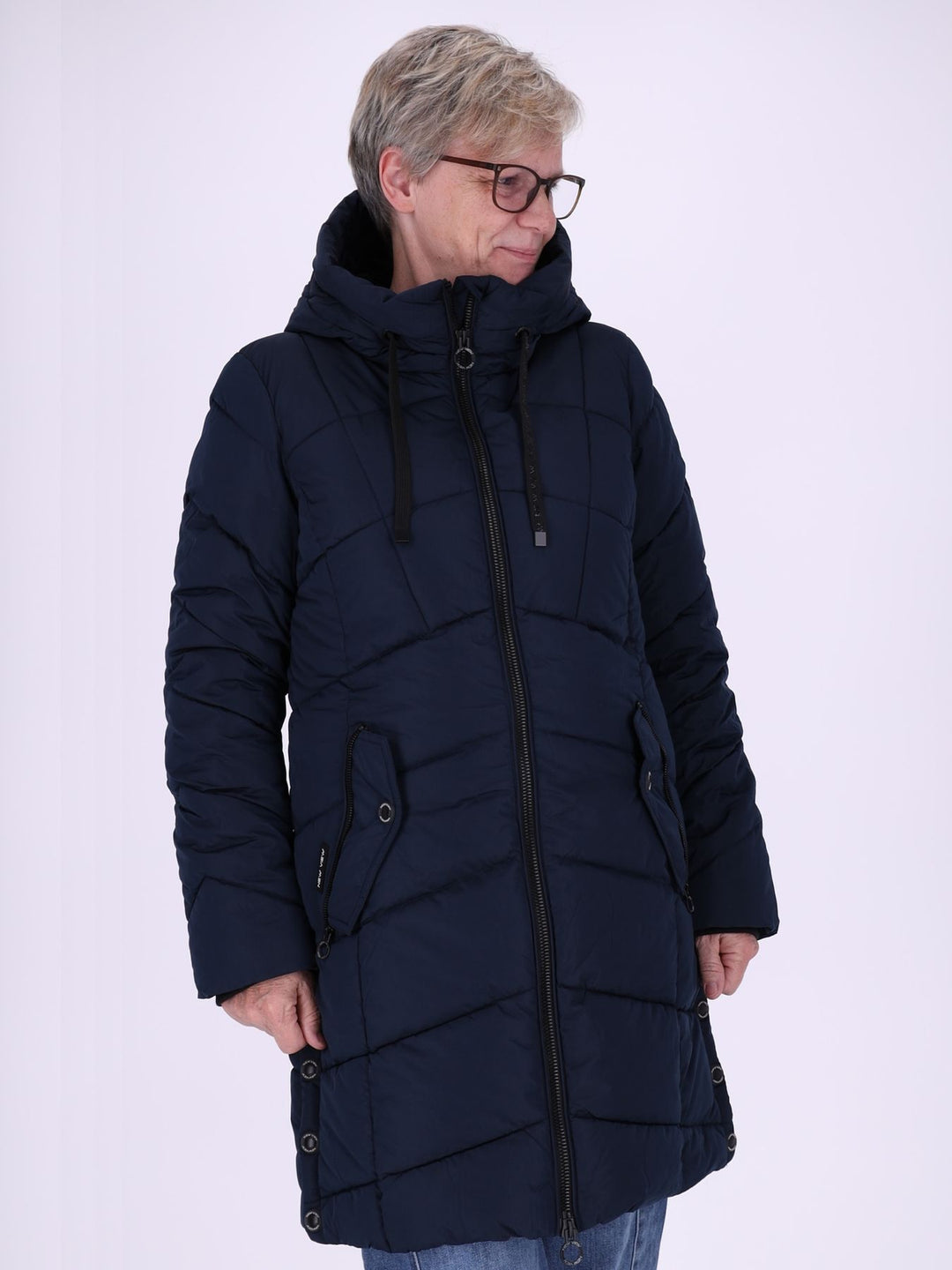 Damen Steppjacke mit Kapuze und Kontrast-Velvetfutter – Dunkelblau