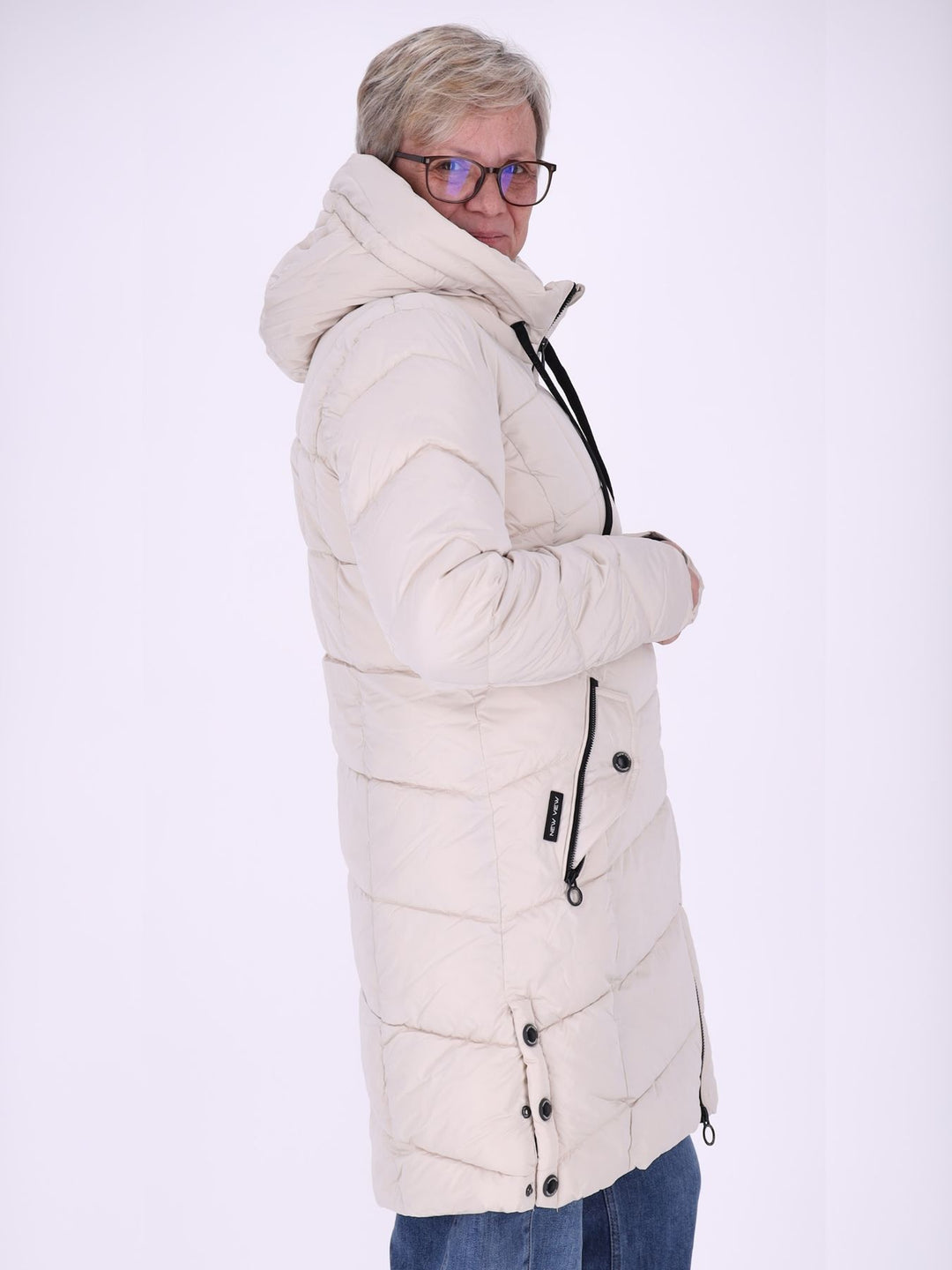 Damen Steppjacke mit Kapuze & Kontrast-Velvetfutter – Creme | Wasserabweisend