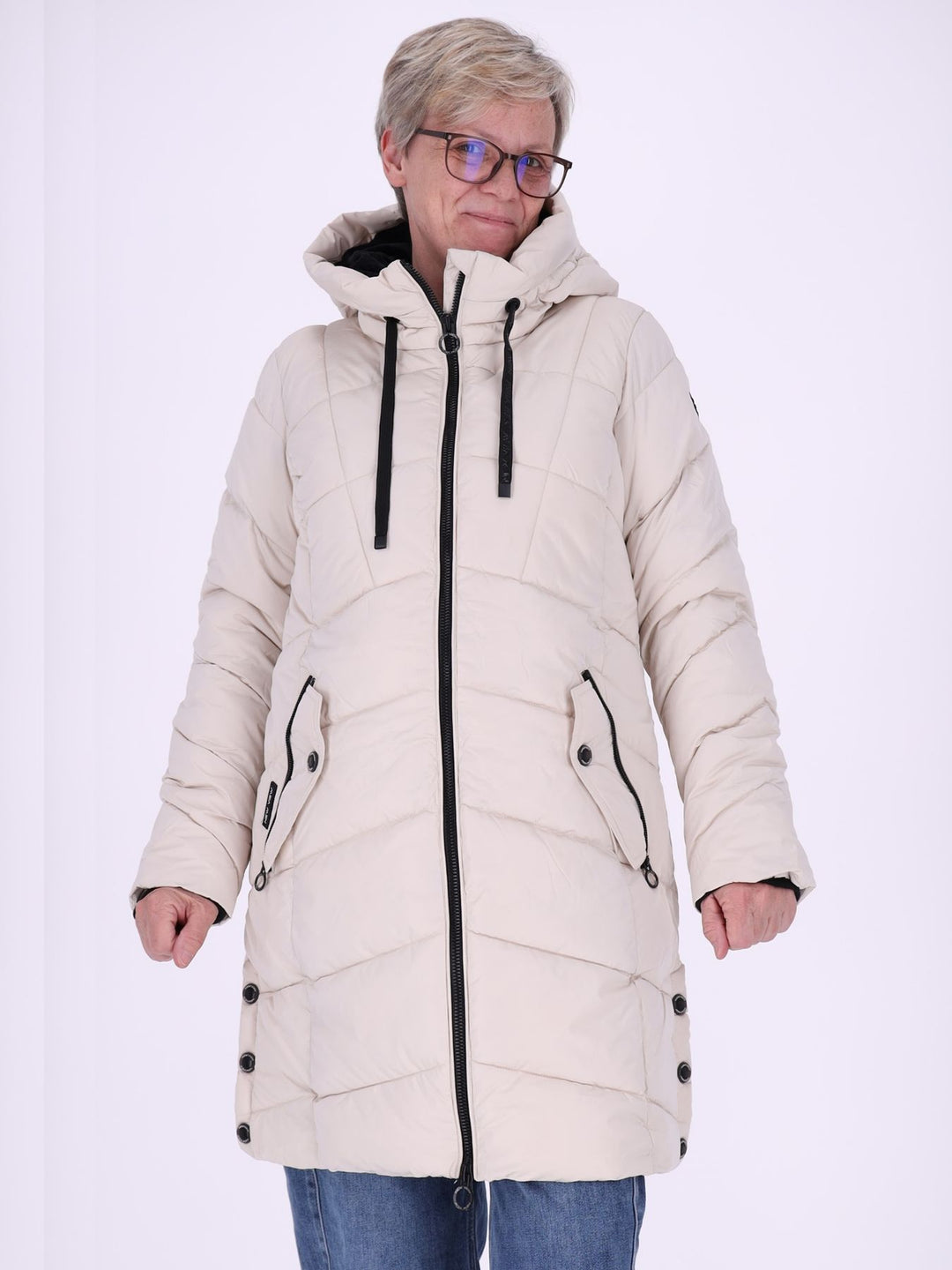 Damen Steppjacke mit Kapuze & Kontrast-Velvetfutter – Creme | Wasserabweisend