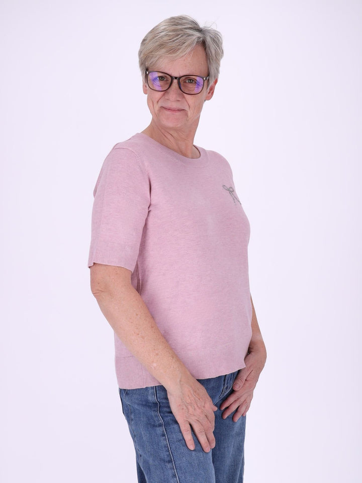 Strick T-Shirt Damen mit Perlenschleife – Rosa