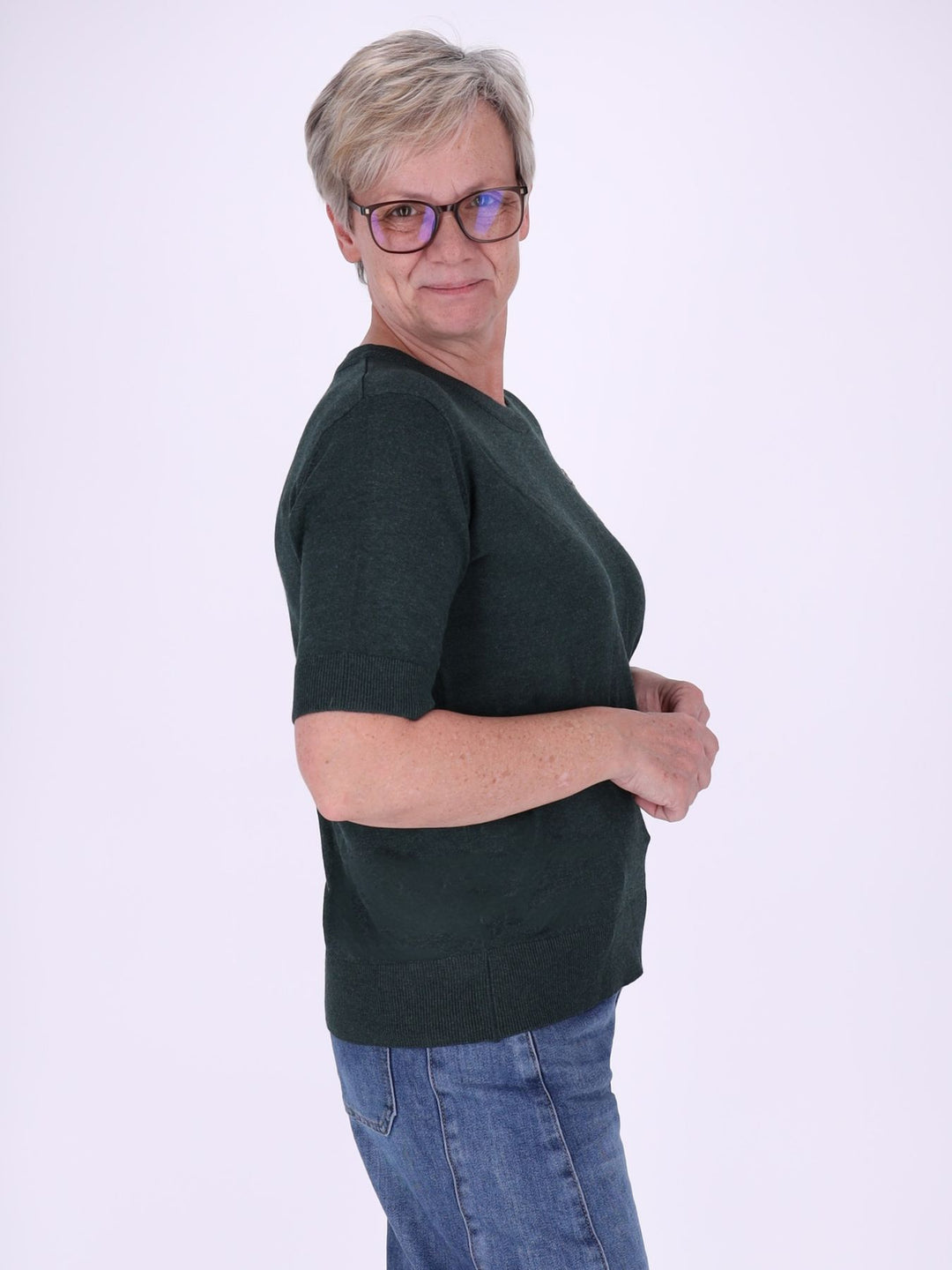 Strick T-Shirt Damen mit Perlenschleife – Grün